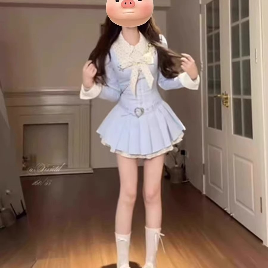 甜美學院風韓系襯衫連衣裙女設計感長袖蝴蝶結撞色顯瘦連衣裙