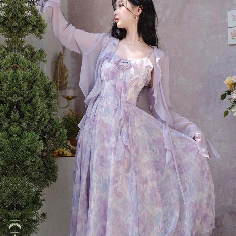 吊帶連衣裙女夏氣質高級感紫色獨特漂亮吊帶裙配防曬開衫兩件套裝