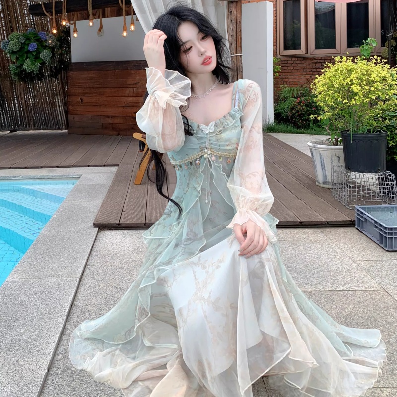 法式茶歇純欲風公主長裙純欲仙氣灰暈染荷葉邊朦朧美感連衣裙女