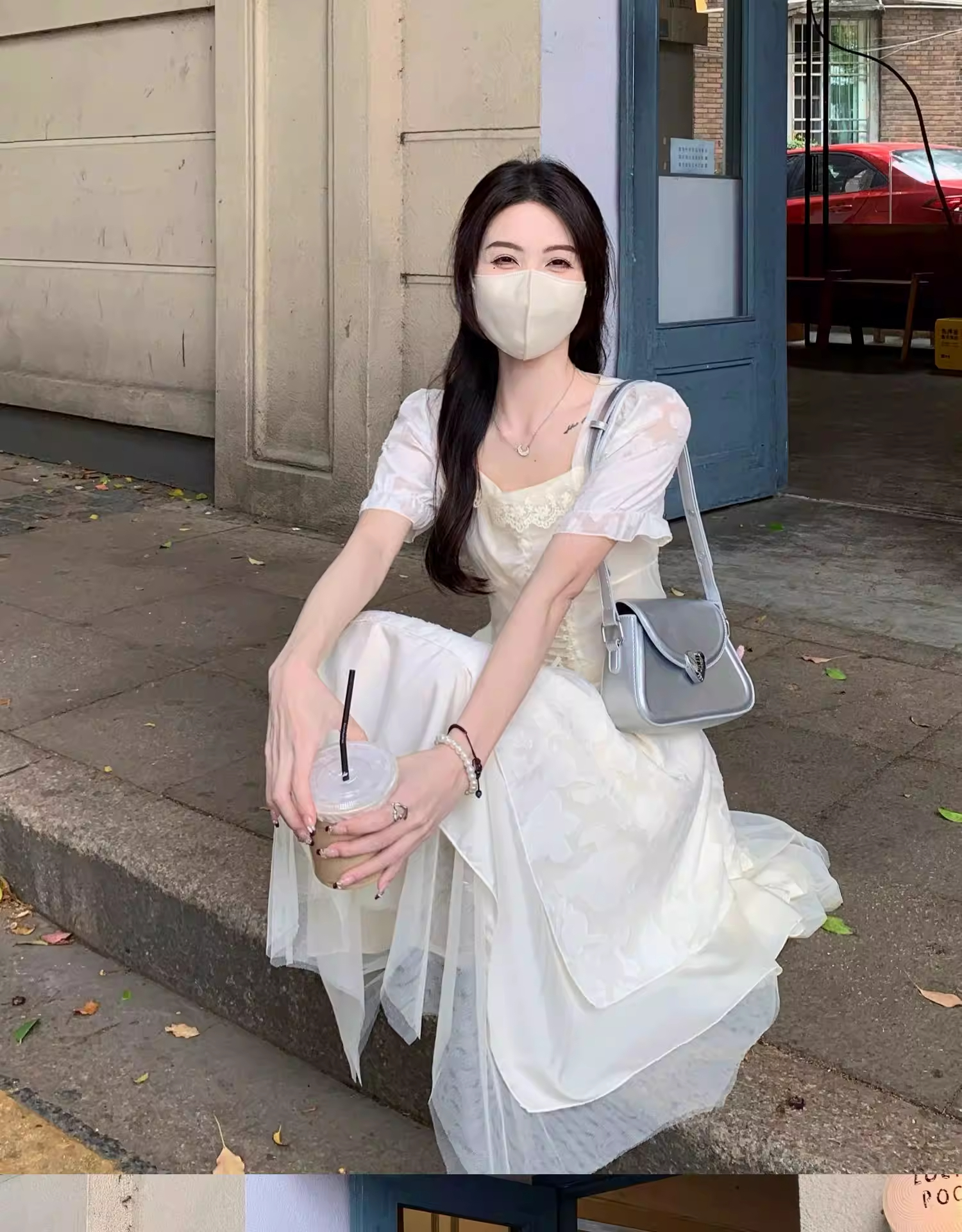 法式赫本風杏色連衣裙女夏季新款小個子甜美設計感小眾收腰長裙