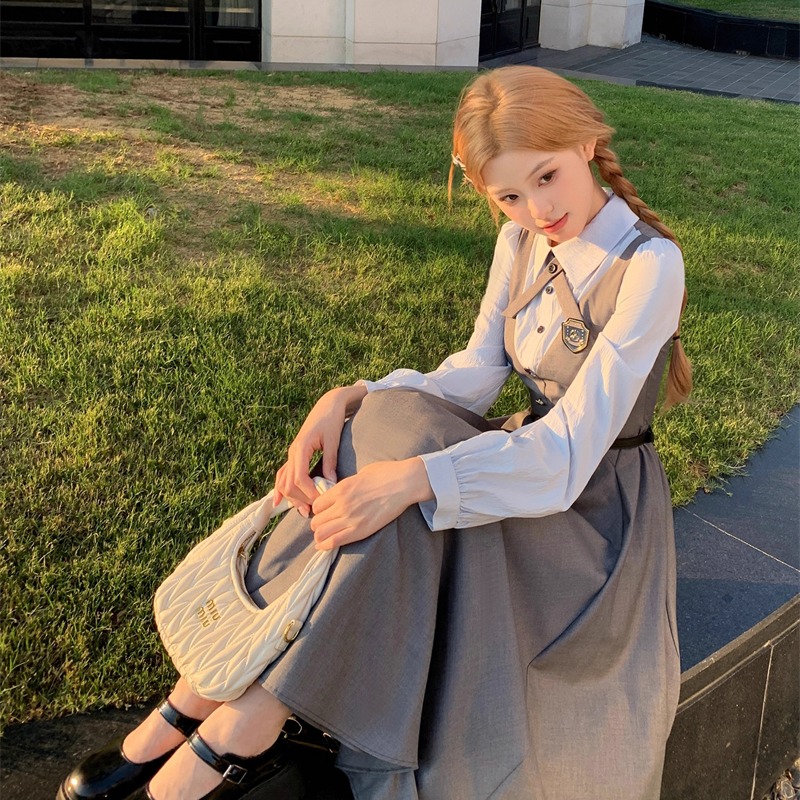 學院風減齡撞色襯衫假兩件收腰西裝連衣裙早春時尚穿搭顯瘦高腰