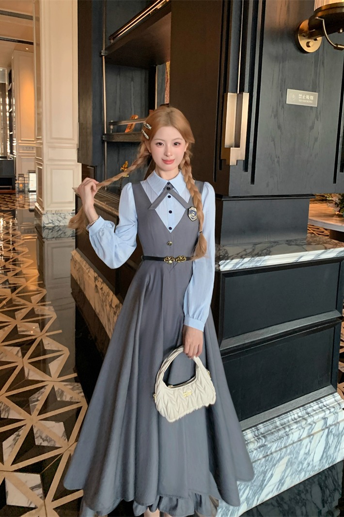 學院風減齡撞色襯衫假兩件收腰西裝連衣裙早春時尚穿搭顯瘦高腰