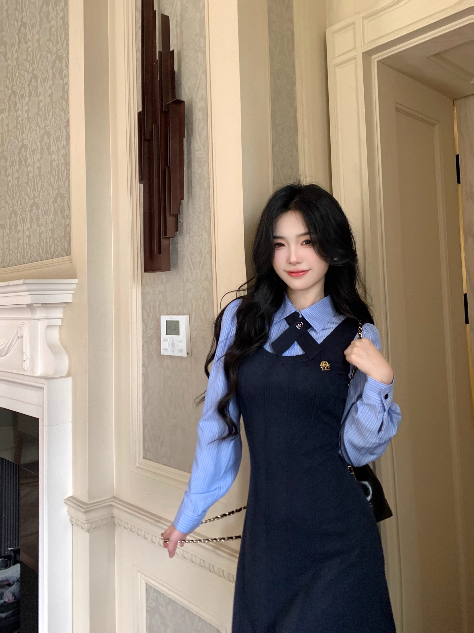 Blovelan圣彼得學院 學院風條紋襯衫假兩件連衣裙女2026春季新款