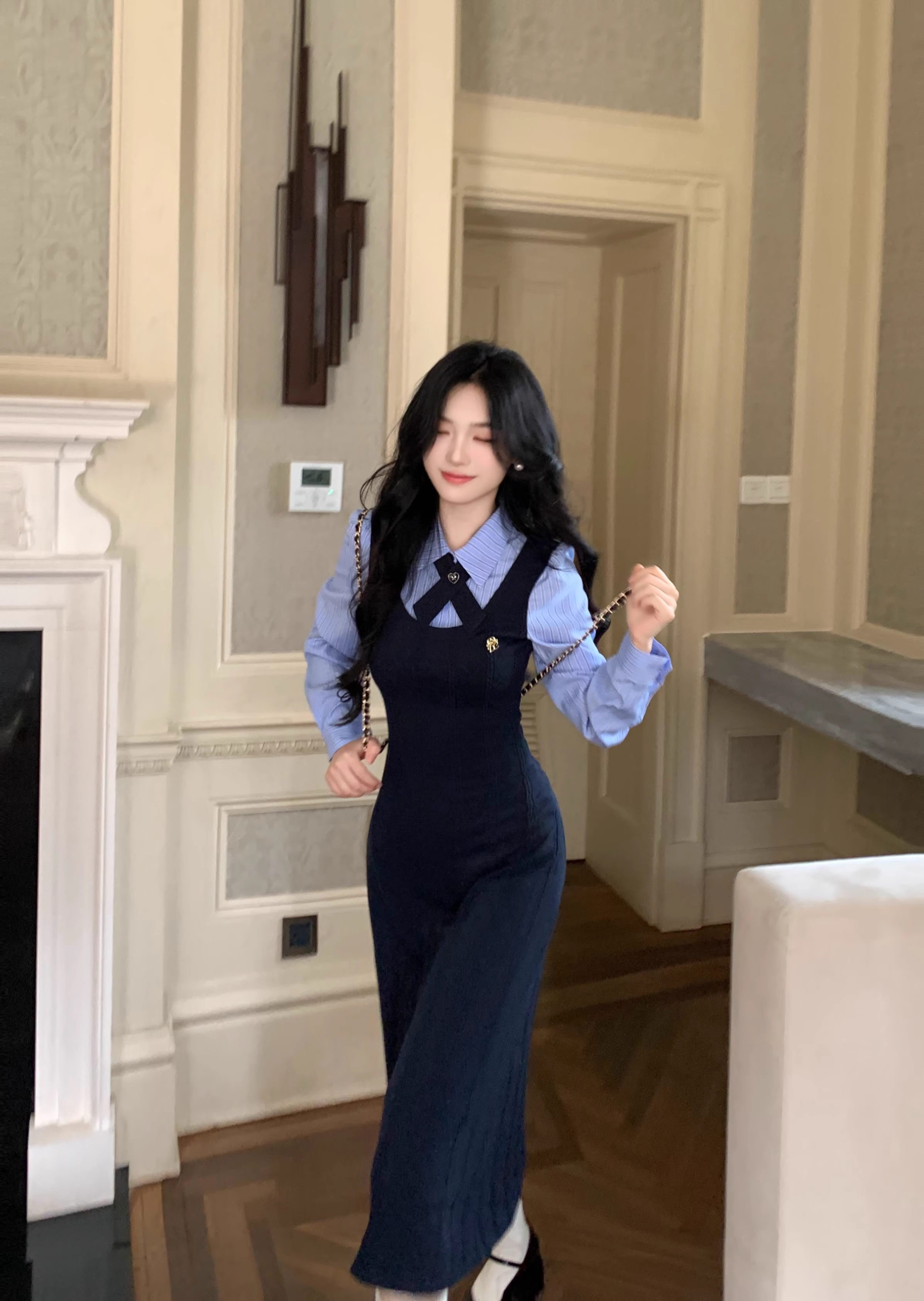 Blovelan圣彼得學院 學院風條紋襯衫假兩件連衣裙女2026春季新款