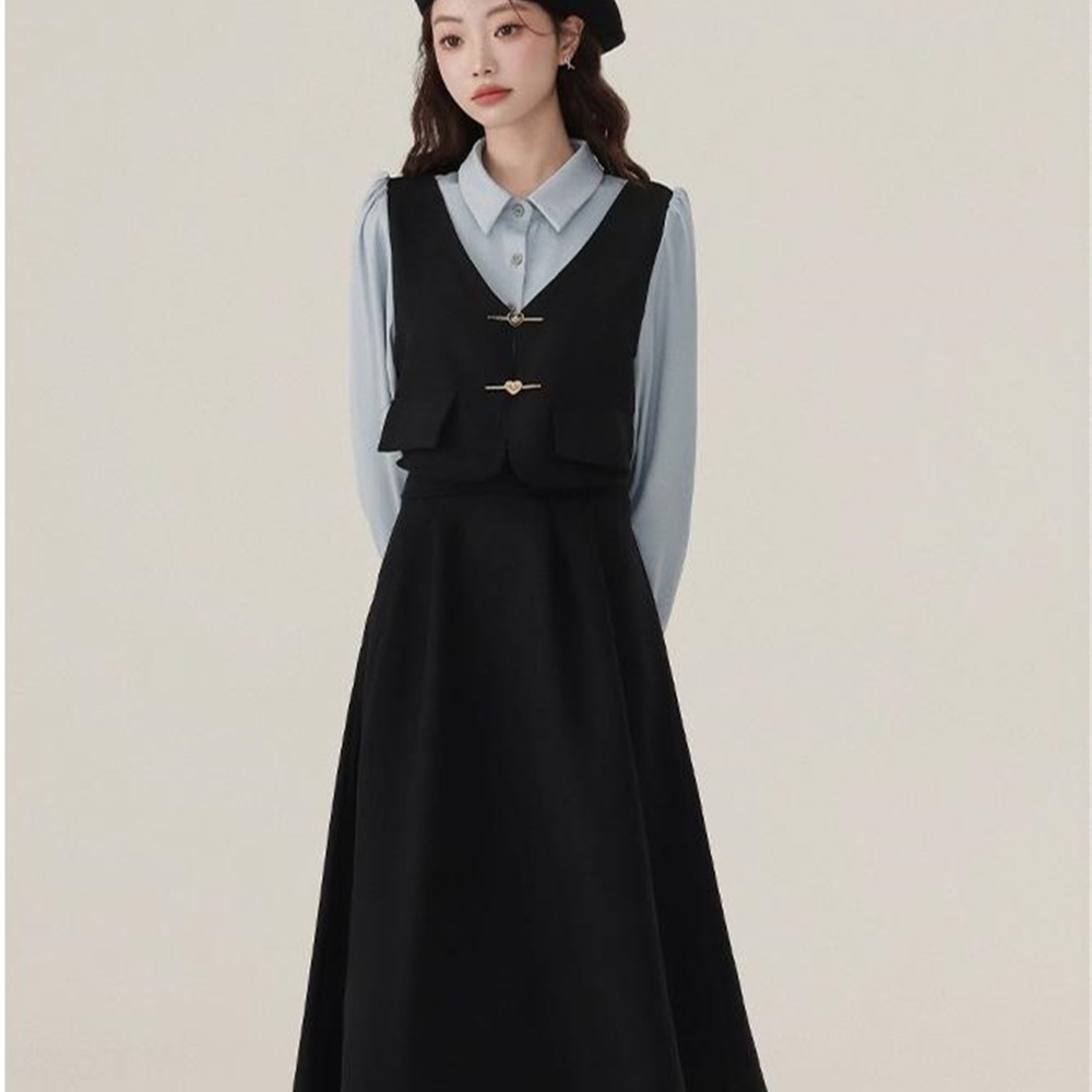 藍精靈法式假兩件春季校園時尚連衣裙女2026學院風爆款穿搭裙子