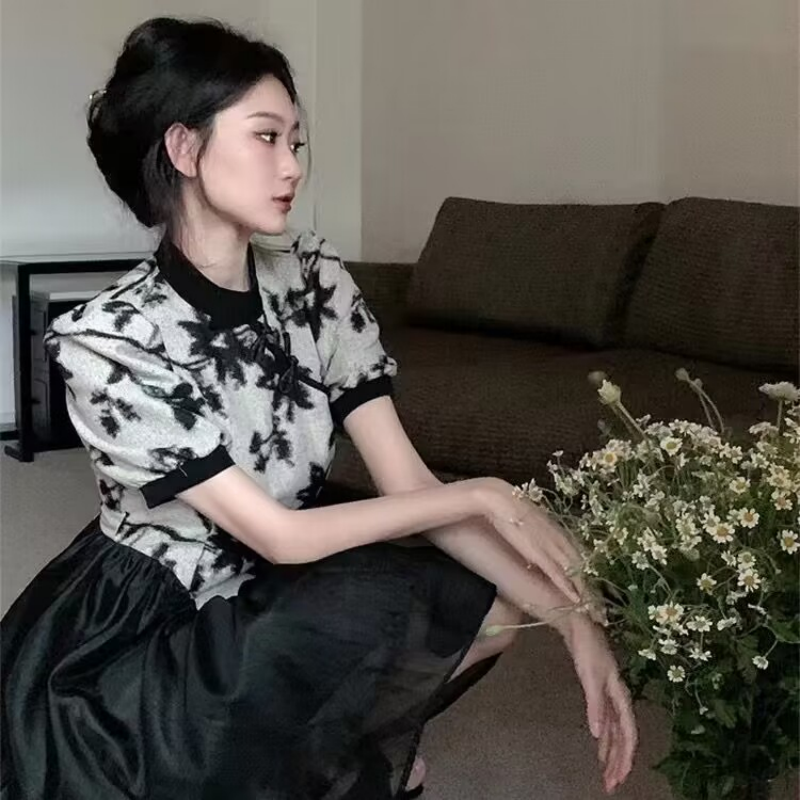 改良旗袍短袖連衣裙女裝夏季新款中式拼接中長款裙子