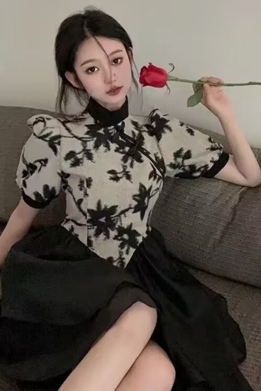 改良旗袍短袖連衣裙女裝夏季新款中式拼接中長款裙子