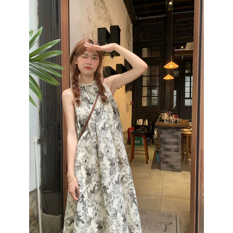 法式復古水墨畫印花無袖掛脖連衣裙女夏季修身顯瘦氣質減齡中長裙