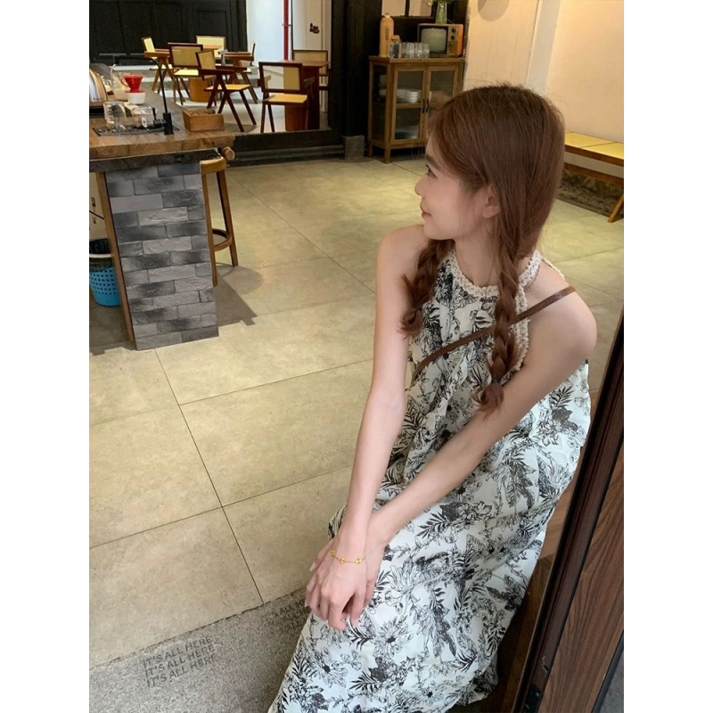 法式復古水墨畫印花無袖掛脖連衣裙女夏季修身顯瘦氣質減齡中長裙