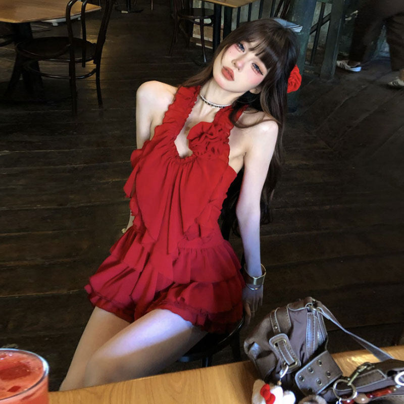 紅色系穿搭一整套獨特絕美掛脖上衣半身裙兩件套裝裙2026夏季新款