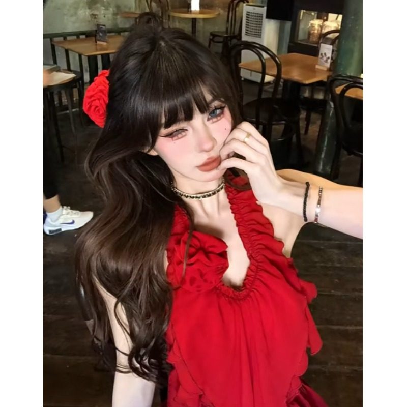 紅色系穿搭一整套獨特絕美掛脖上衣半身裙兩件套裝裙2026夏季新款