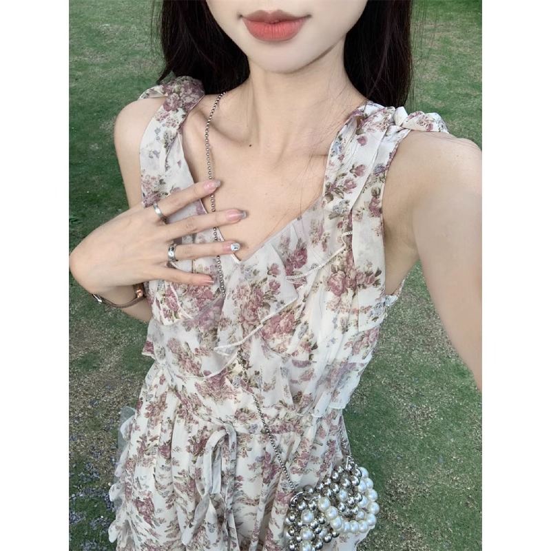 法式荷葉邊碎花吊帶連衣裙兩件套裝夏2026新款小個子海邊度假長裙