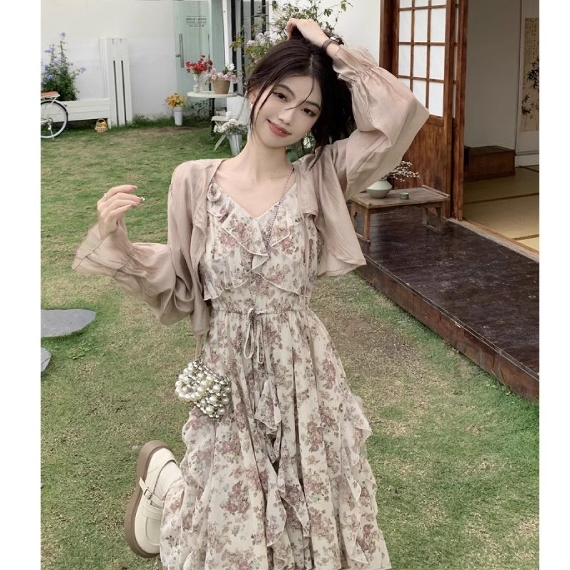 法式荷葉邊碎花吊帶連衣裙兩件套裝夏2026新款小個子海邊度假長裙