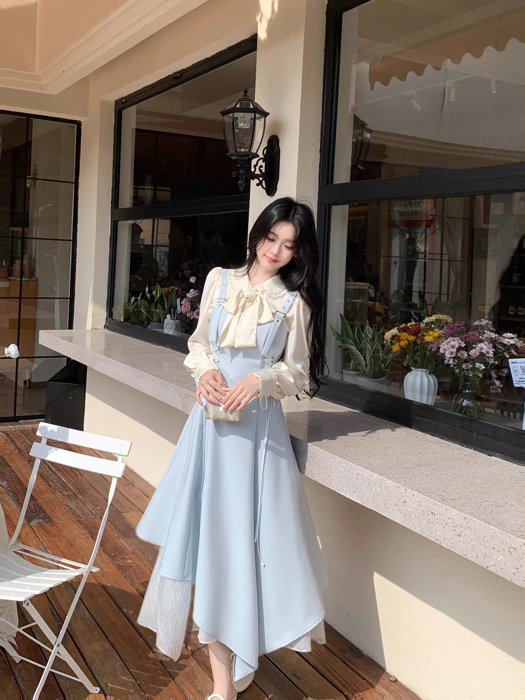 氣質藍色不規則斜裁拼接綁帶收腰背帶連衣裙時尚百搭求職季小眾款