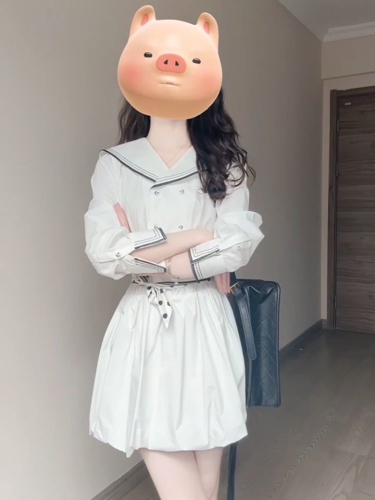 韓系時尚設計感小眾海軍領拼接連衣裙女學生夏季收腰顯瘦花苞裙子