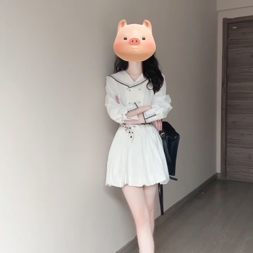 韓系時尚設計感小眾海軍領拼接連衣裙女學生夏季收腰顯瘦花苞裙子