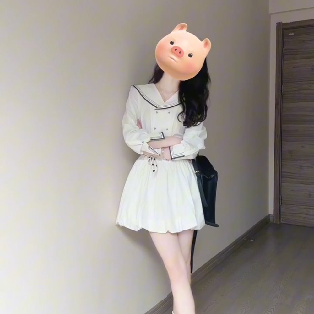 韓系時尚設計感小眾海軍領拼接連衣裙女學生夏季收腰顯瘦花苞裙子