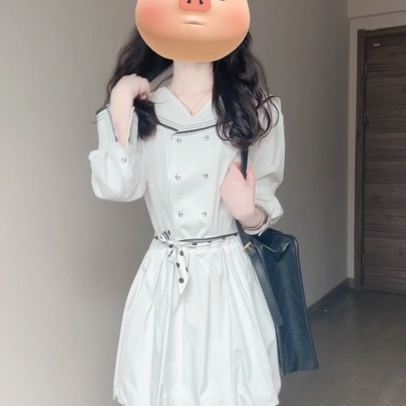 韓系時尚設計感小眾海軍領拼接連衣裙女學生夏季收腰顯瘦花苞裙子