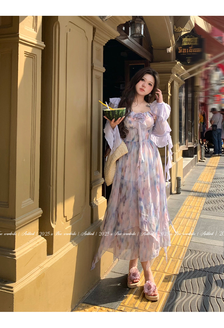 氛圍感油畫碎花雪紡裙女2026春夏新款微胖大碼吊帶裙子開衫套裝