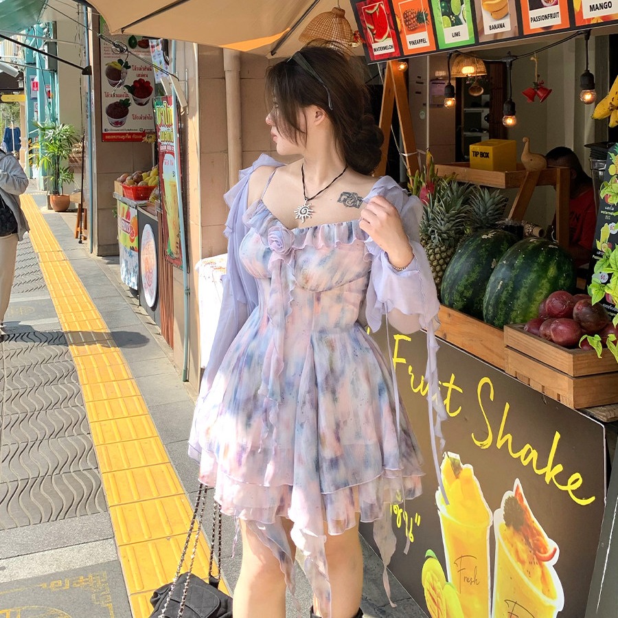 氛圍感油畫碎花雪紡裙女2026春夏新款微胖大碼吊帶裙子開衫套裝