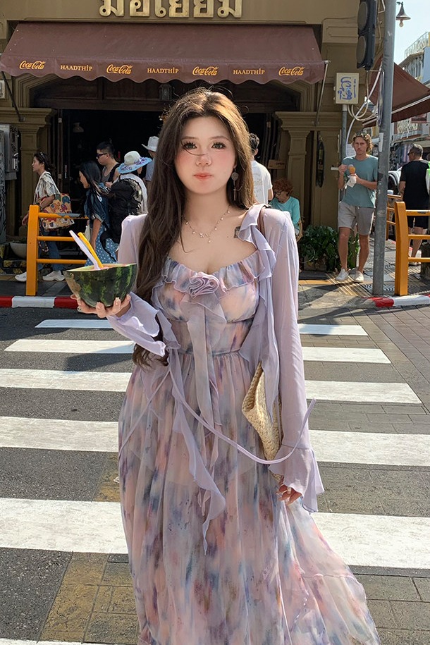 氛圍感油畫碎花雪紡裙女2026春夏新款微胖大碼吊帶裙子開衫套裝