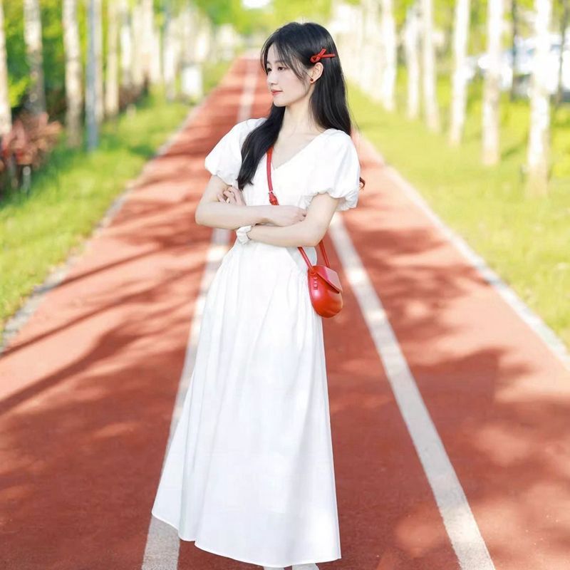 S-2XL 大碼法式溫柔風初戀多巴胺連衣裙高級感收腰顯瘦泡泡袖長裙