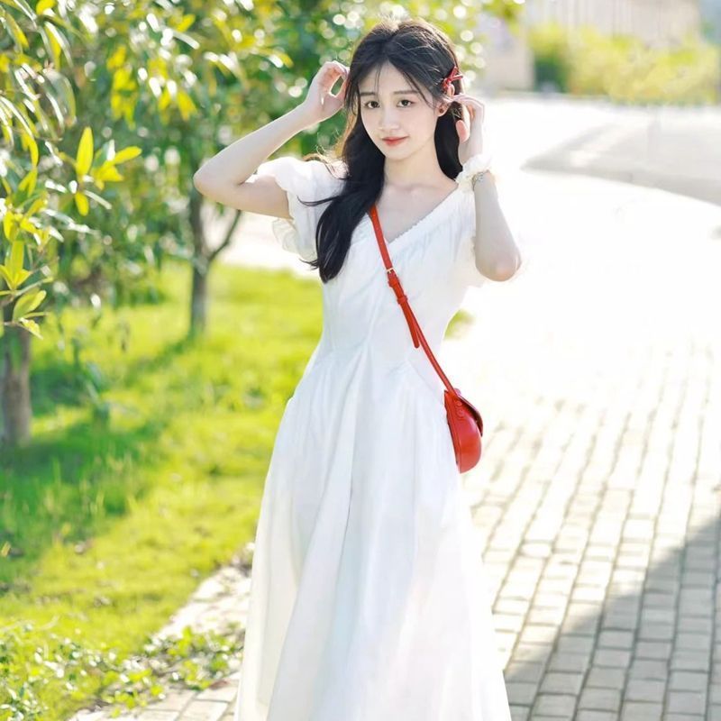 S-2XL 大碼法式溫柔風初戀多巴胺連衣裙高級感收腰顯瘦泡泡袖長裙