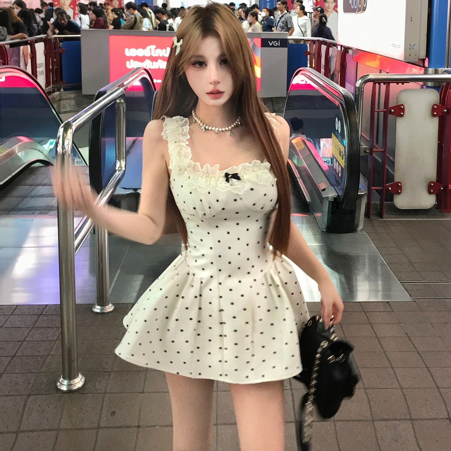 Mejiu蜜九純愛煙火修身純欲甜辣收腰設計感小心機波點連衣裙