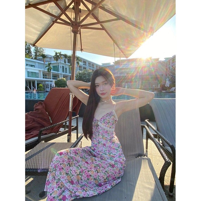 純欲蕾絲邊碎花吊帶連衣裙女夏度假風海邊沙灘裙辣妹高腰包臀裙子