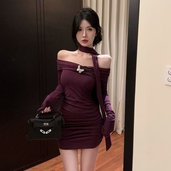 純欲性感包臀小媽裙一字肩名媛內搭裙子掛脖紫色長袖連衣裙女