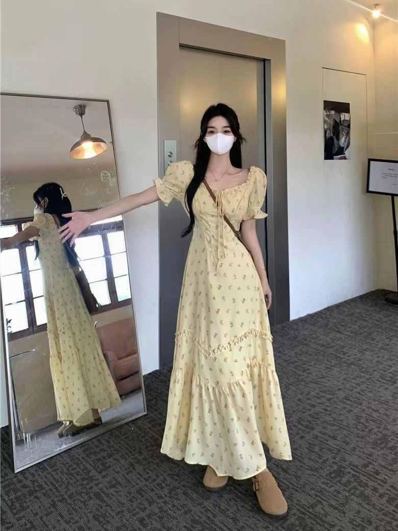 大碼女裝甜美碎花連衣裙女夏季法式氣質收腰減齡裙子顯瘦遮肉微胖