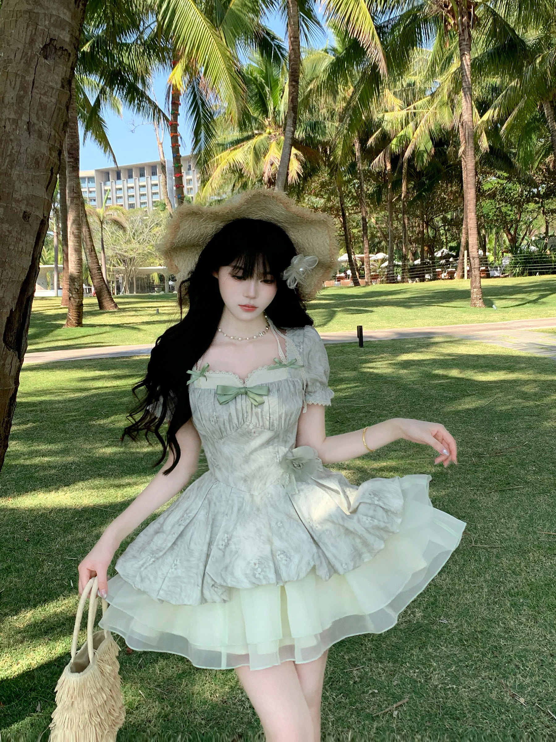Blovelan青檸冰椰 小清新蕾絲泡泡袖提花收腰少女公主蓬蓬連衣裙