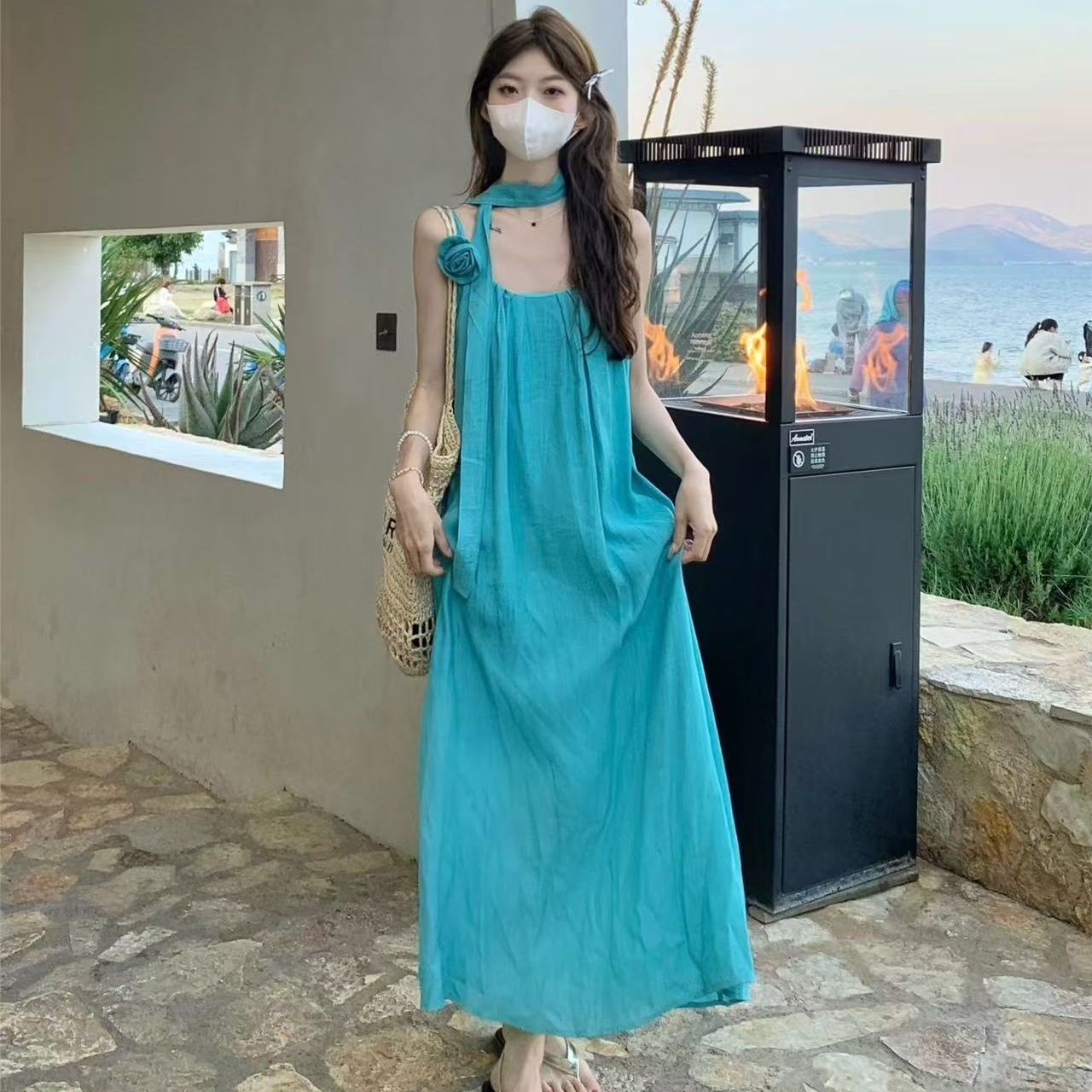 薄荷曼波海邊度假氛圍感沙灘裙設計感掛脖連衣裙仙女氣質大擺裙子