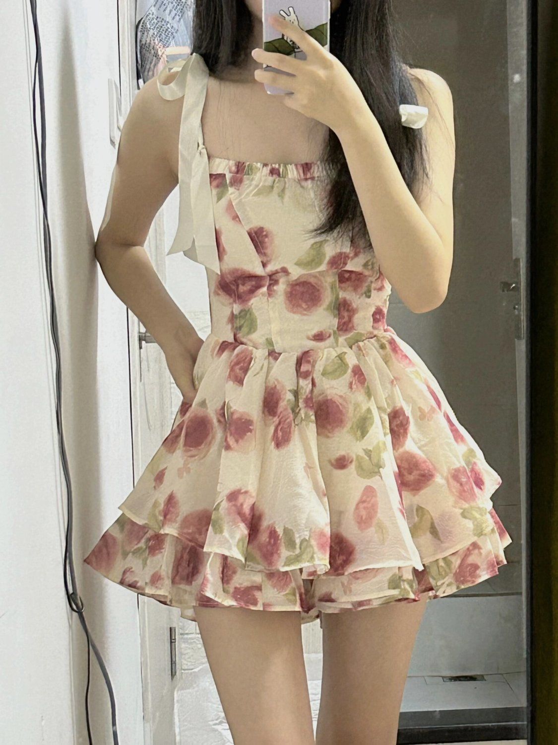 甜美風綁帶碎花蓬蓬女夏薄款收腰吊帶連衣裙短裙子