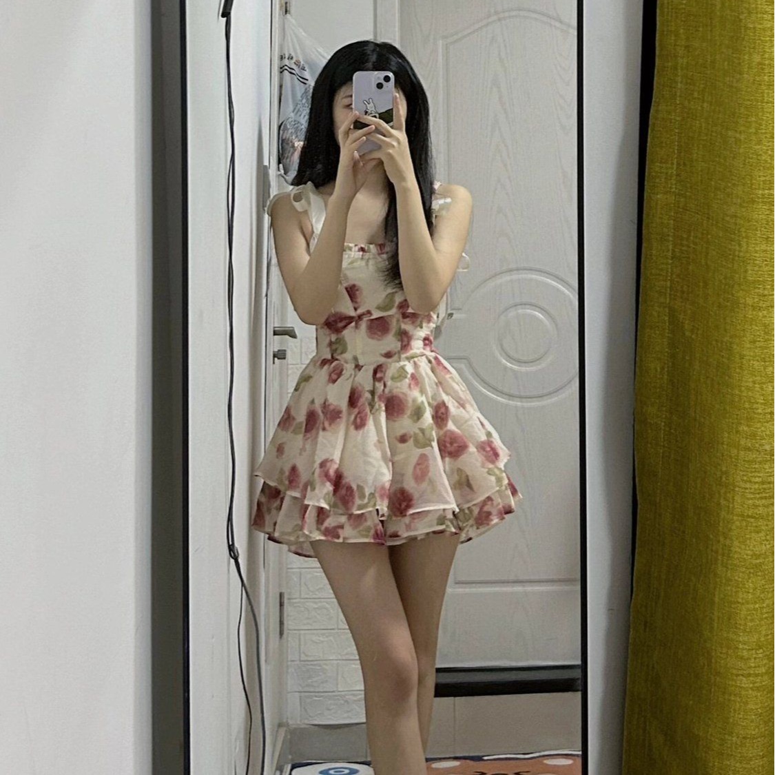 甜美風綁帶碎花蓬蓬女夏薄款收腰吊帶連衣裙短裙子