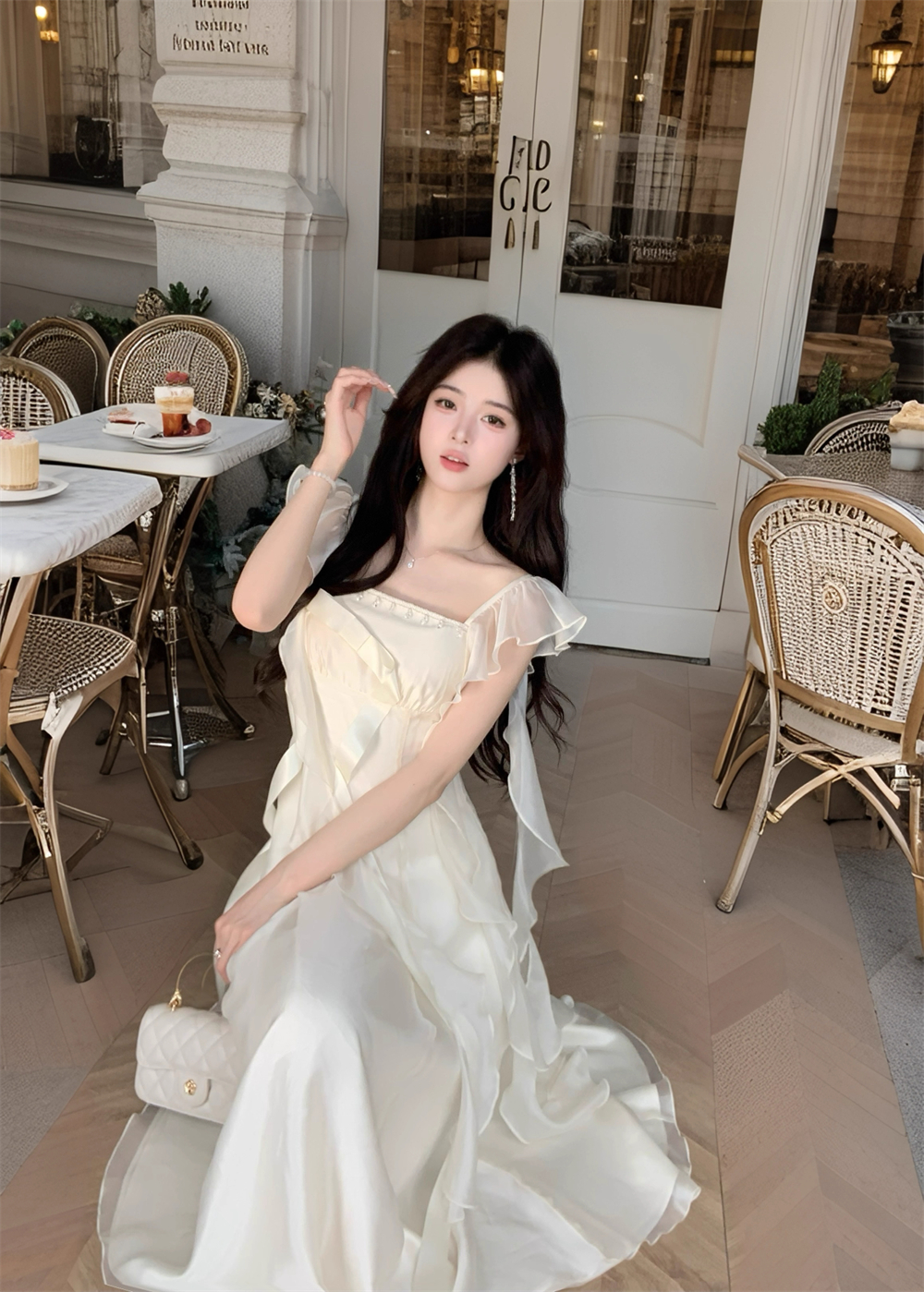 法式方領甜美蝴蝶結飄帶氣質優雅顯瘦連衣裙緞光折翼型夏季長裙
