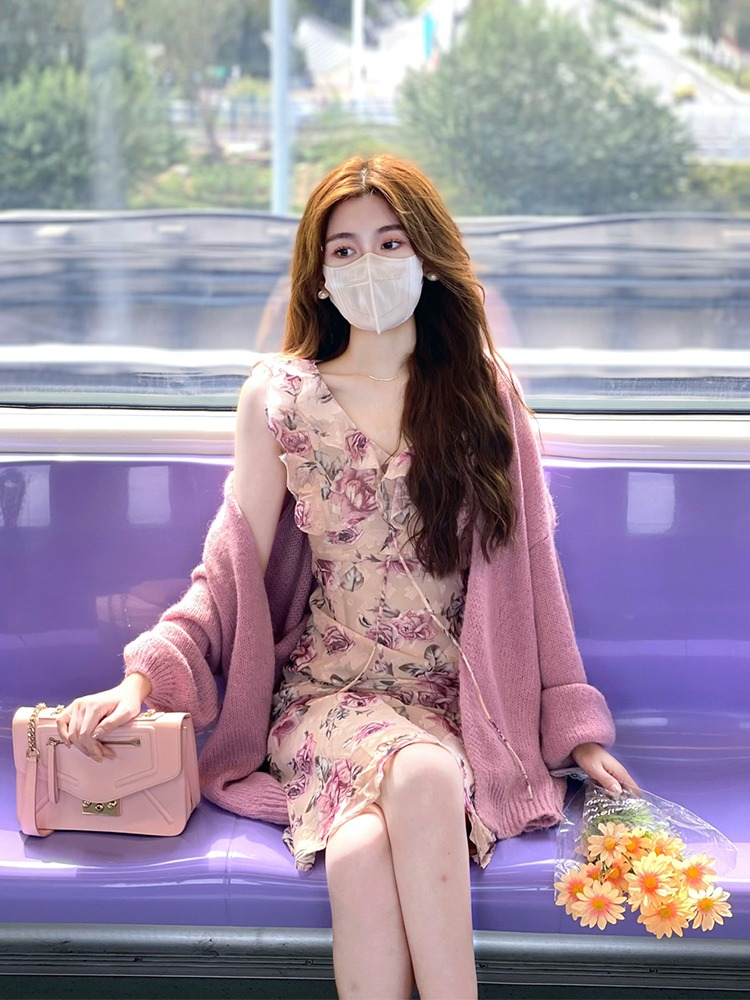 法式溫柔玫瑰印花無袖背心連衣裙高級感復古方領氣質收腰顯瘦長裙