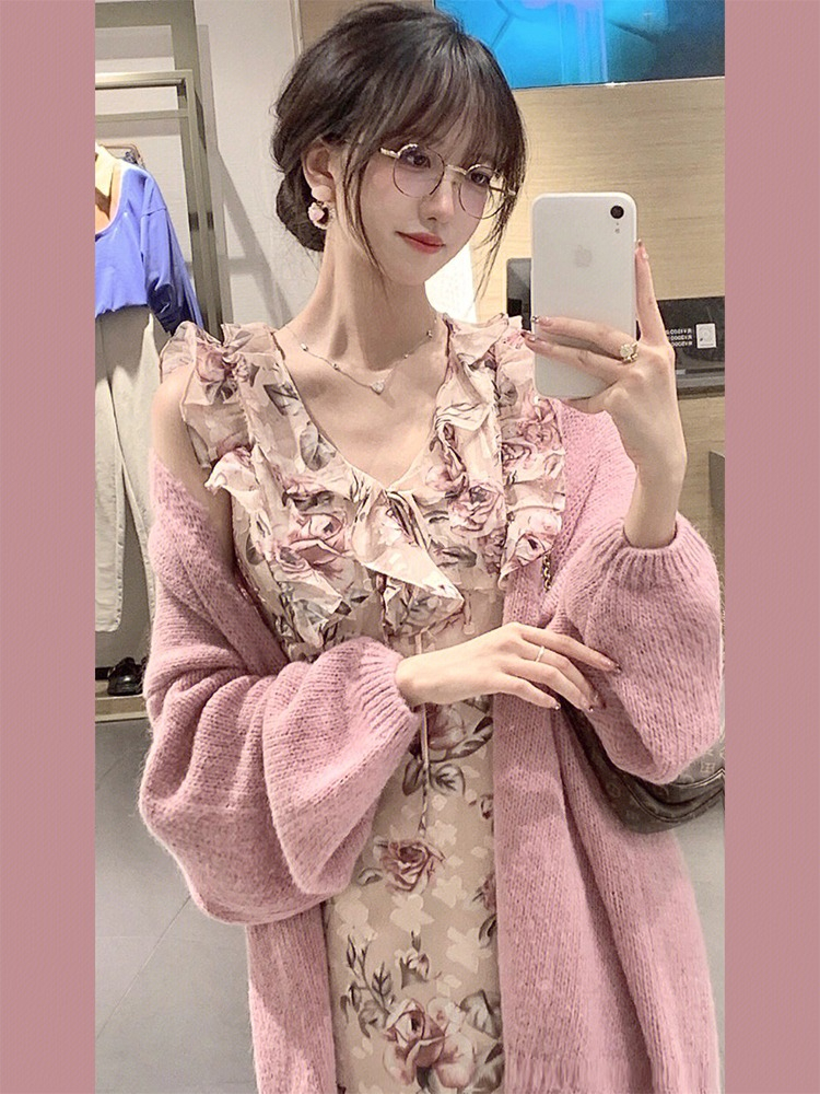 法式溫柔玫瑰印花無袖背心連衣裙高級感復古方領氣質收腰顯瘦長裙