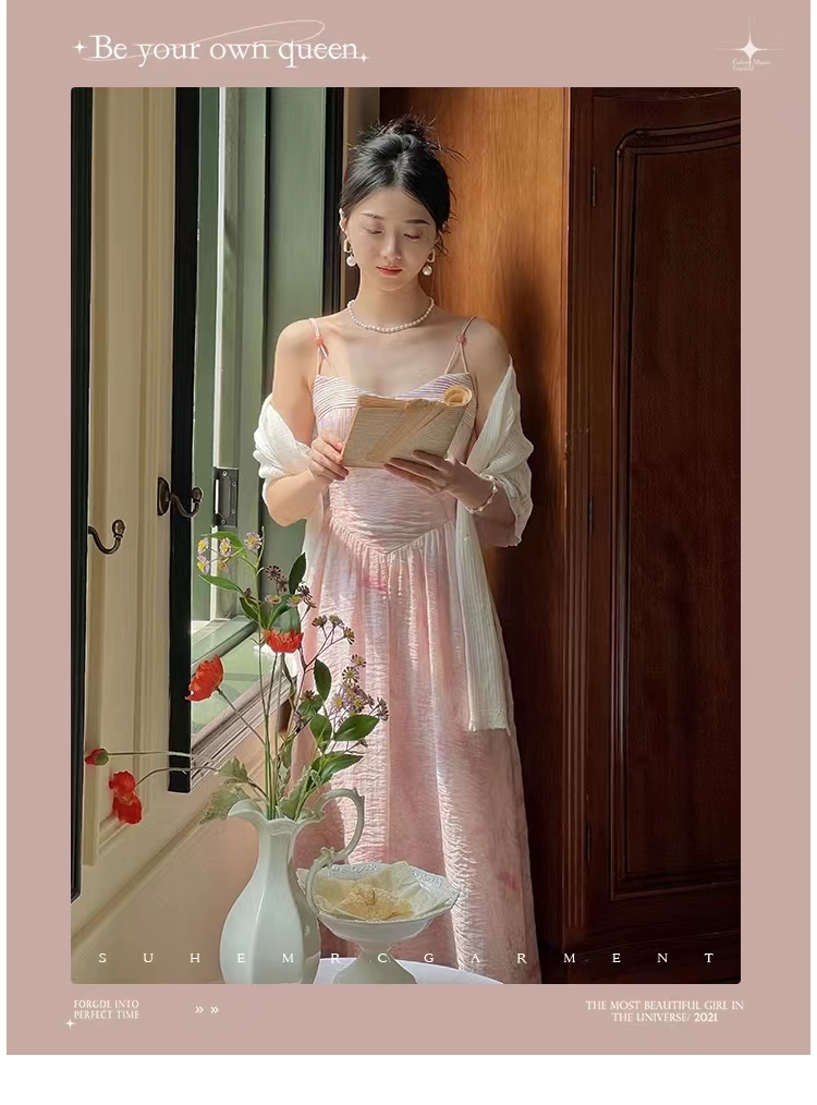 法式碎花長裙2026仙女氣質收腰小眾扎染吊帶連衣裙顯瘦減齡氣質