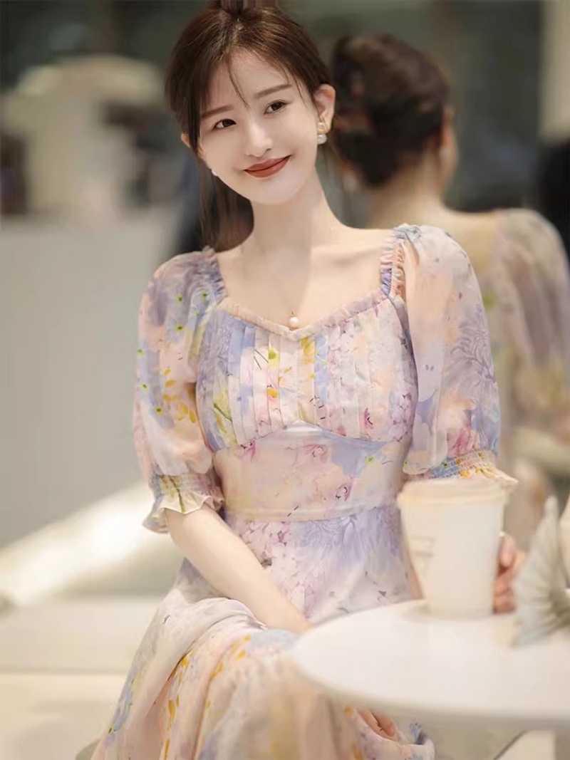 茶歇法式別致絕美溫柔高級感名媛氣質小香風紫色碎花連衣裙女長裙