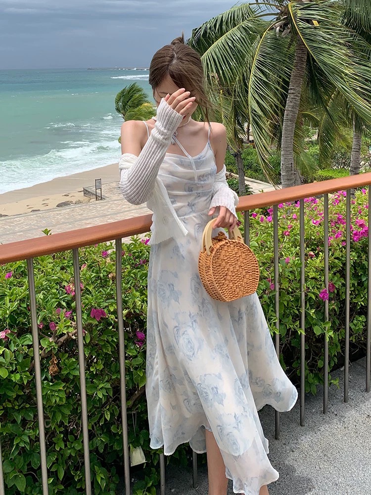 法式雪紡碎花吊帶連衣裙套裝夏季小香風針織開衫外套兩件套女裙子