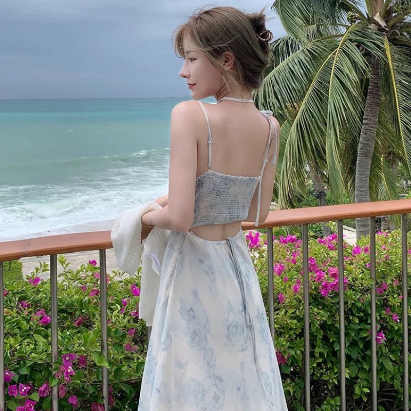 法式雪紡碎花吊帶連衣裙套裝夏季小香風針織開衫外套兩件套女裙子