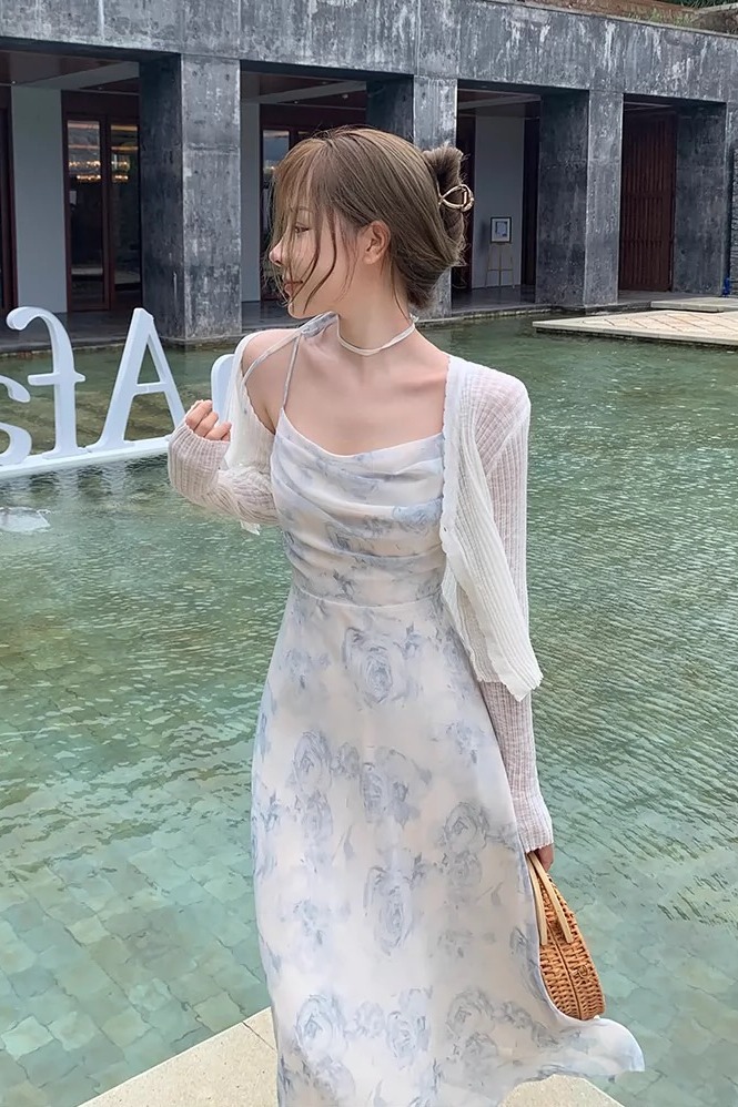 法式雪紡碎花吊帶連衣裙套裝夏季小香風針織開衫外套兩件套女裙子