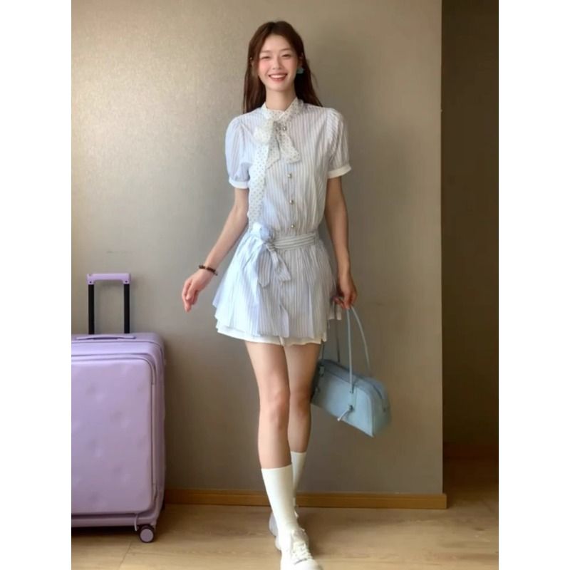 韓系條紋襯衫連衣裙子女夏季2026新款miu系穿搭獨特漂亮絕美短裙