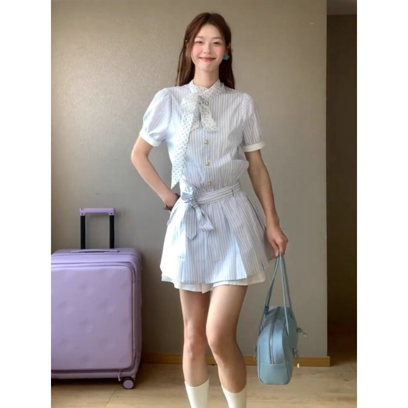 韓系條紋襯衫連衣裙子女夏季2026新款miu系穿搭獨特漂亮絕美短裙