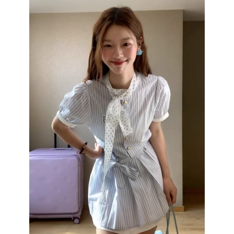 韓系條紋襯衫連衣裙子女夏季2026新款miu系穿搭獨特漂亮絕美短裙