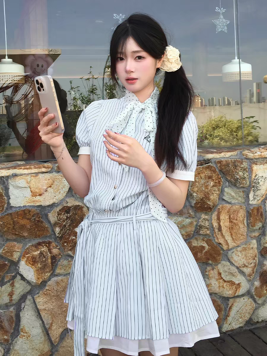 韓系條紋襯衫連衣裙子女夏季2026新款miu系穿搭獨特漂亮絕美短裙