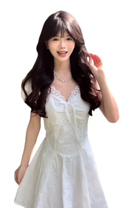 法式白色蕾絲V領短袖連衣裙女夏季海邊度假小個子絕美收腰短裙子