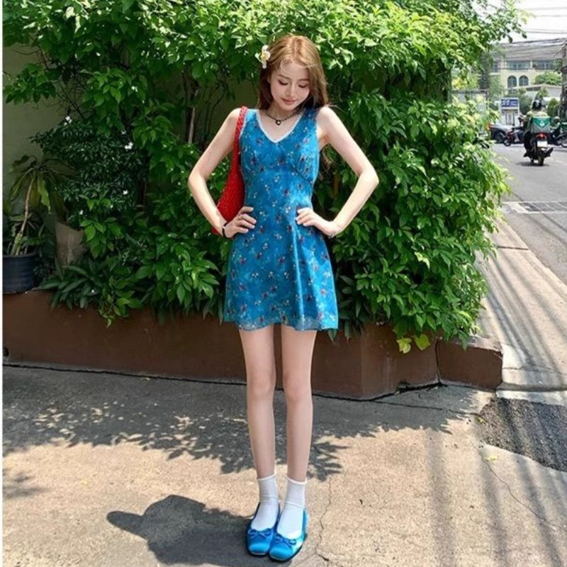 法式氣質碎花連衣裙女夏季小個子時尚洋氣減齡復古雪紡背心裙子
