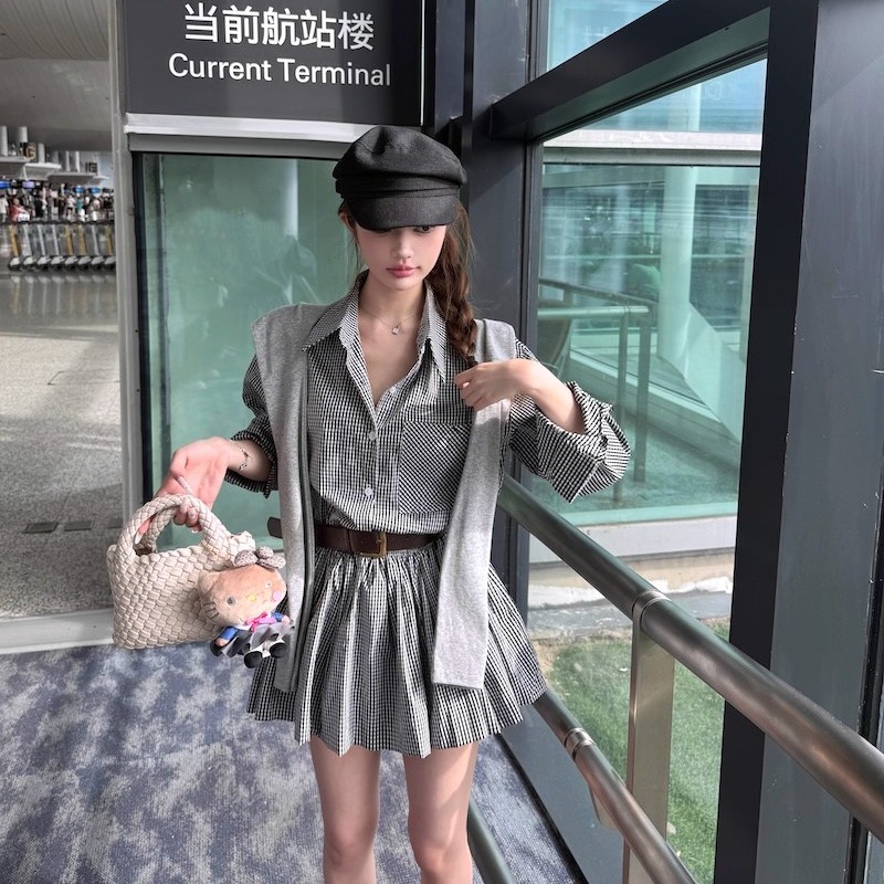 色織布polo格子連衣裙女收腰顯瘦A字裙高腰短裙長袖襯衫裙子